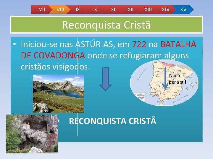 VII VIII IX X XI XIII XIV XV Reconquista Cristã • Iniciou-se nas ASTÚRIAS, VII VIII IX X XI XIII XIV XV Reconquista Cristã • Iniciou-se nas ASTÚRIAS,