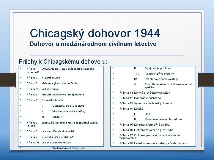 Chicagský dohovor 1944 Dohovor o medzinárodnom civilnom letectve Prílohy k Chicagskému dohovoru: • Príloha