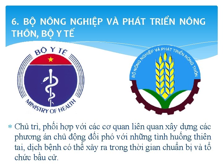 6. BỘ NÔNG NGHIỆP VÀ PHÁT TRIỂN NÔNG THÔN, BỘ Y TẾ Chủ trì,