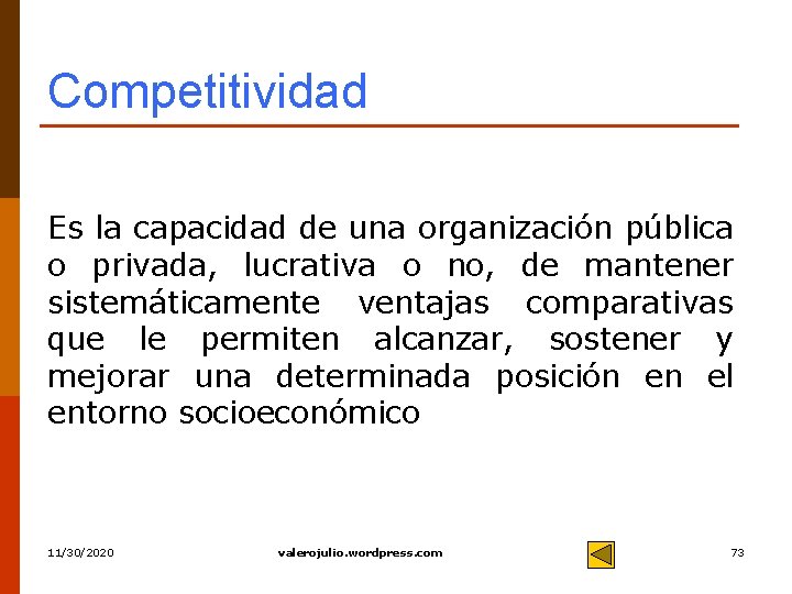 Competitividad Es la capacidad de una organización pública o privada, lucrativa o no, de