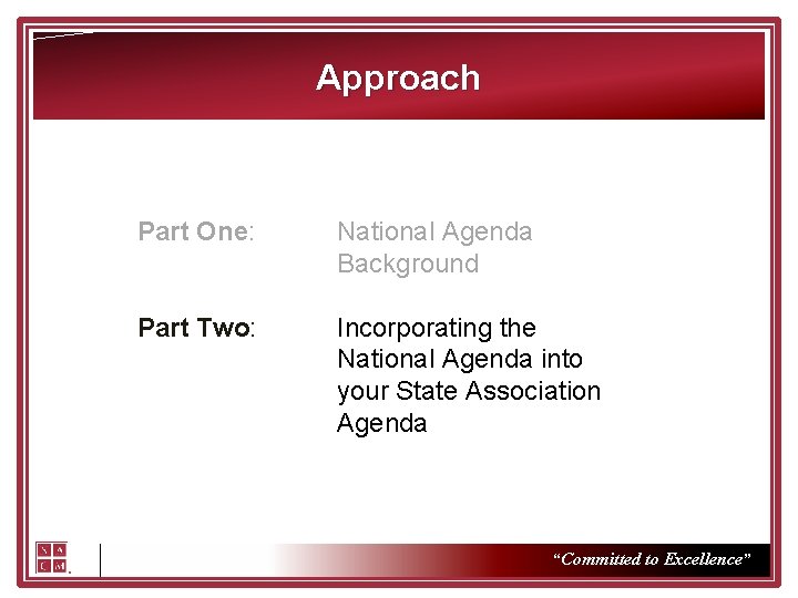 Approach Part One: National Agenda Background Part Two: Incorporating the National Agenda into your