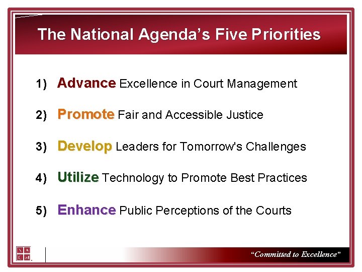 The National Agenda’s Five Priorities 1) Advance Excellence in Court Management 2) Promote Fair