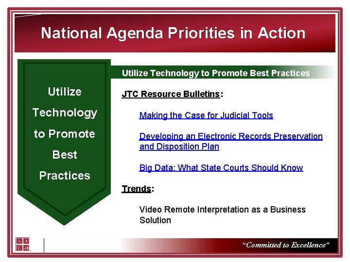 National Agenda Priorities in Action Utilize Technology to Promote Best Practices Utilize Technology Making