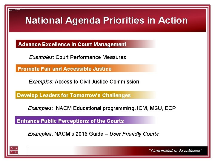 National Agenda Priorities in Action Advance Excellence in Court Management Examples: Court Performance Measures