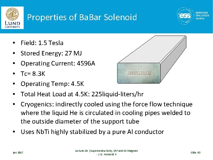 Properties of Ba. Bar Solenoid Field: 1. 5 Tesla Stored Energy: 27 MJ Operating