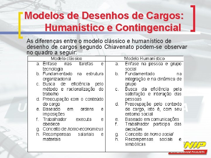 Modelos de Desenhos de Cargos: Humanístico e Contingencial As diferenças entre o modelo clássico Modelos de Desenhos de Cargos: Humanístico e Contingencial As diferenças entre o modelo clássico