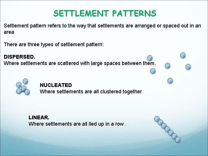 SETTLEMENT PATTERNS Settlement pattern refers to the way that settlements are arranged or spaced SETTLEMENT PATTERNS Settlement pattern refers to the way that settlements are arranged or spaced