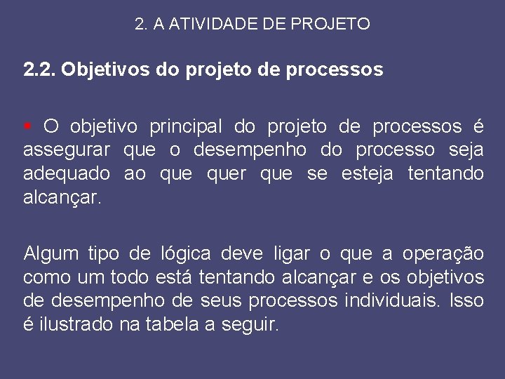 2. A ATIVIDADE DE PROJETO 2. 2. Objetivos do projeto de processos § O