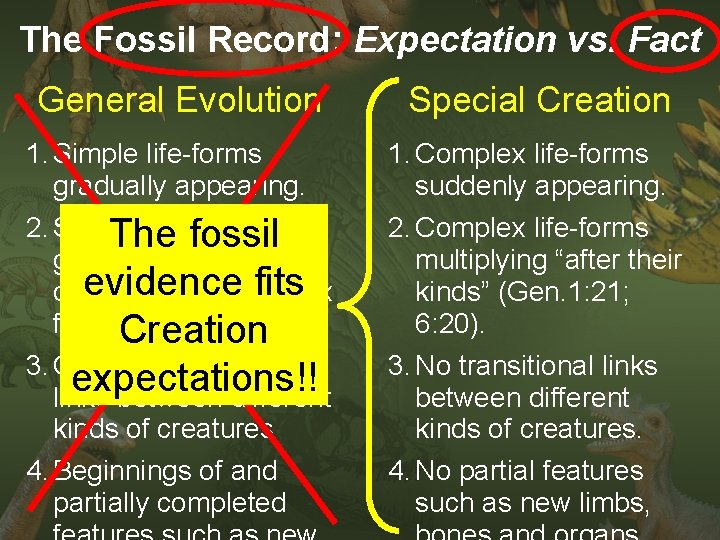 The Fossil Record: Expectation vs. Fact General Evolution Special Creation 1. Simple life-forms gradually