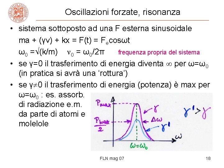 Oscillazioni forzate, risonanza • sistema sottoposto ad una F esterna sinusoidale ma + (γv)