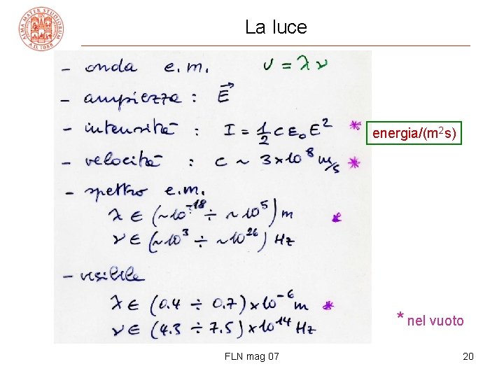 La luce energia/(m 2 s) * nel vuoto FLN mag 07 20 