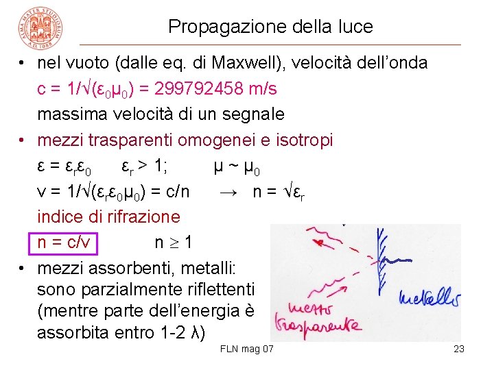 Propagazione della luce • nel vuoto (dalle eq. di Maxwell), velocità dell’onda c =
