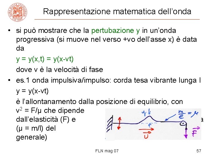 Rappresentazione matematica dell’onda • si può mostrare che la pertubazione y in un’onda progressiva