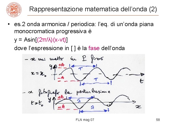 Rappresentazione matematica dell’onda (2) • es. 2 onda armonica / periodica: l’eq. di un’onda