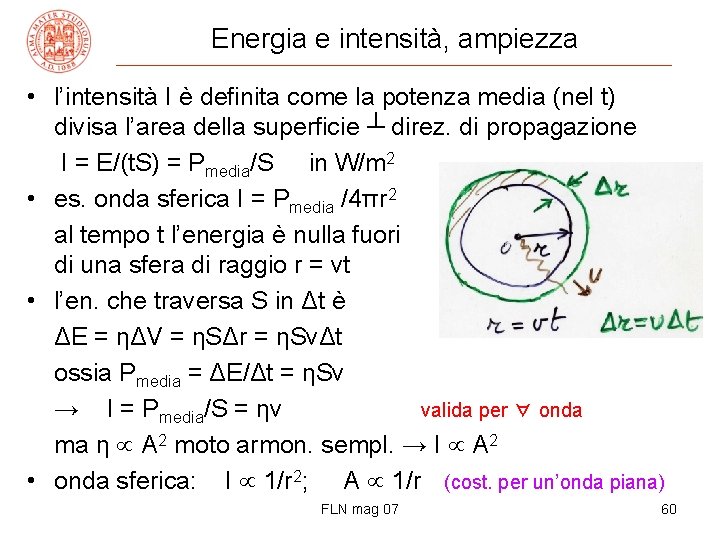 Energia e intensità, ampiezza • l’intensità I è definita come la potenza media (nel