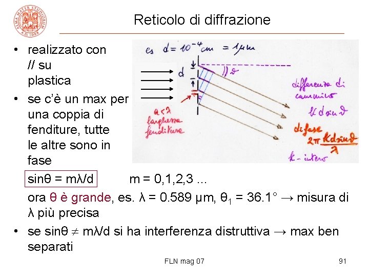 Reticolo di diffrazione • realizzato con incisioni // su vetro o plastica • se