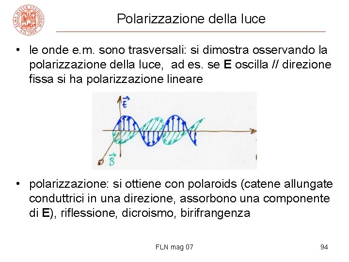 Polarizzazione della luce • le onde e. m. sono trasversali: si dimostra osservando la