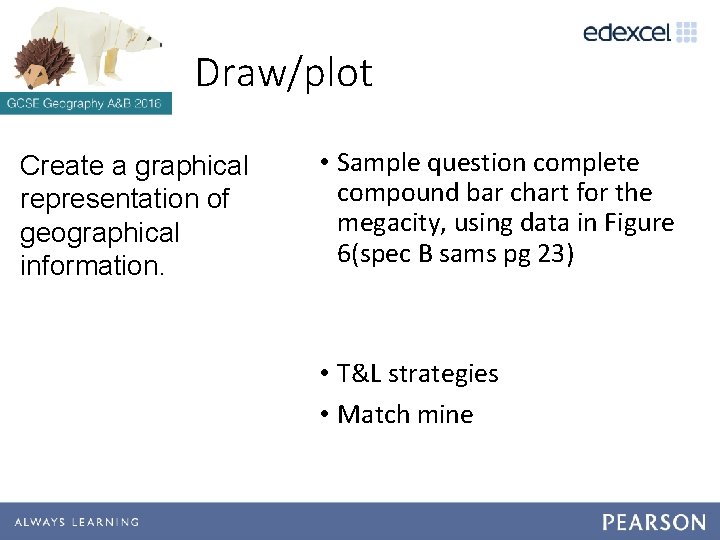 Draw/plot Create a graphical representation of geographical information. • Sample question complete compound bar