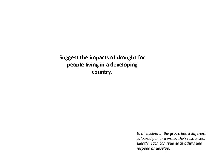 Suggest the impacts of drought for people living in a developing country. Each student Suggest the impacts of drought for people living in a developing country. Each student