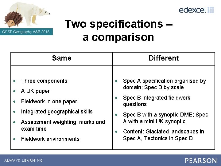 Two specifications – a comparison Same • Three components • A UK paper •
