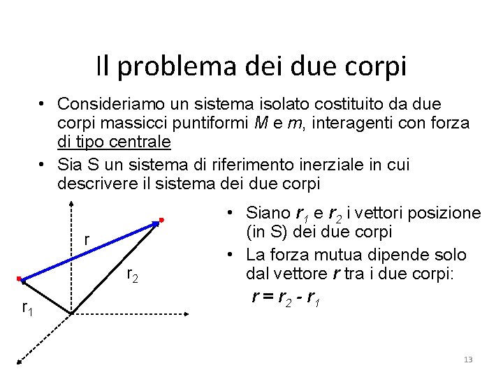 Il problema dei due corpi • Consideriamo un sistema isolato costituito da due corpi