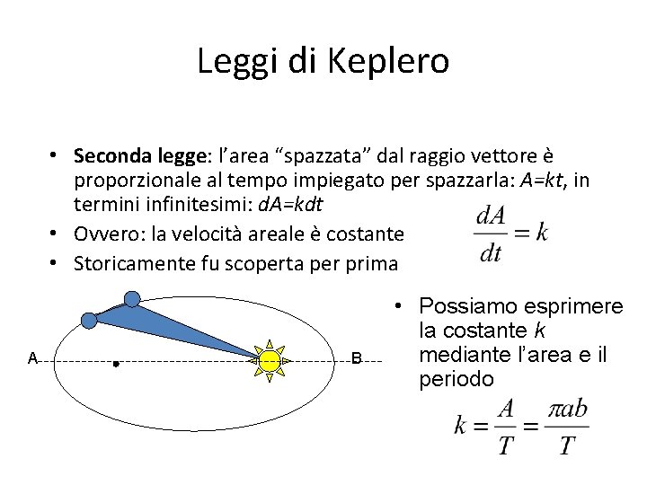Leggi di Keplero • Seconda legge: l’area “spazzata” dal raggio vettore è proporzionale al