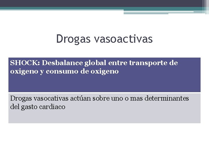 Drogas vasoactivas SHOCK: Desbalance global entre transporte de oxigeno y consumo de oxigeno Drogas