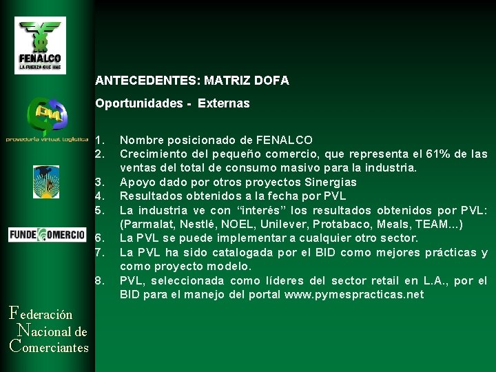 ANTECEDENTES: MATRIZ DOFA Oportunidades - Externas 1. 2. 3. 4. 5. 6. 7. 8.