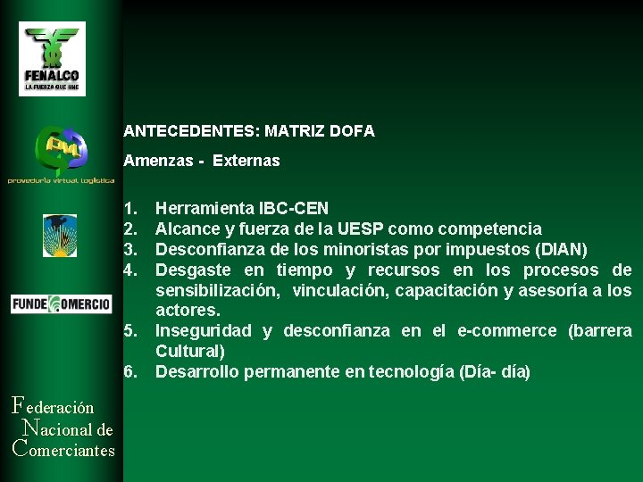 ANTECEDENTES: MATRIZ DOFA Amenzas - Externas 1. 2. 3. 4. 5. 6. Federación Nacional