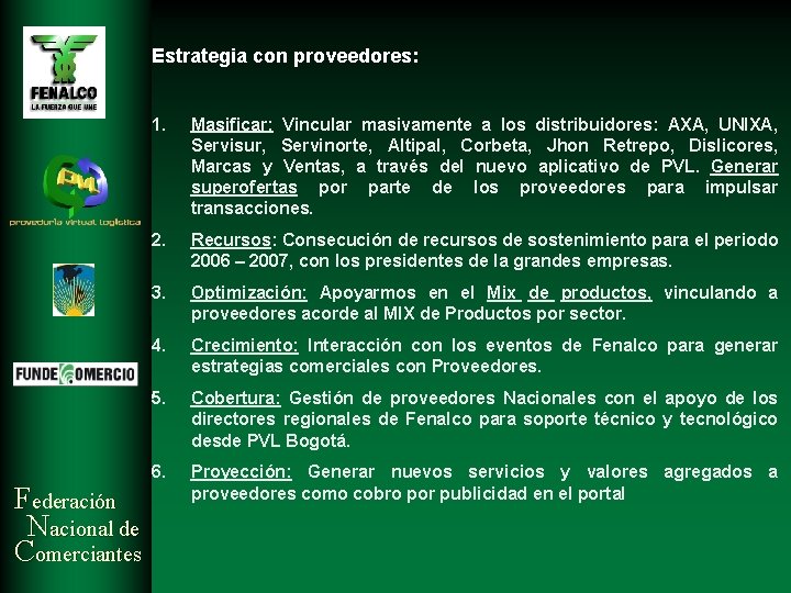 Estrategia con proveedores: Federación Nacional de Comerciantes 1. Masificar: Vincular masivamente a los distribuidores: