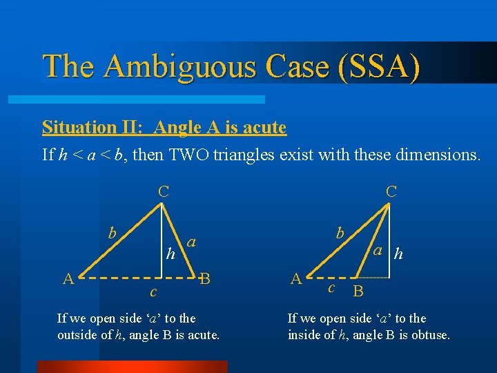 The Ambiguous Case (SSA) Situation II: Angle A is acute If h < a