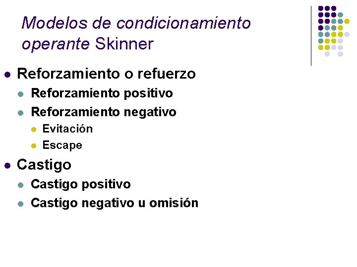 Modelos de condicionamiento operante Skinner l Reforzamiento o refuerzo l l Reforzamiento positivo Reforzamiento