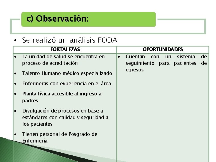 c) Observación: • Se realizó un análisis FODA FORTALEZAS La unidad de salud se