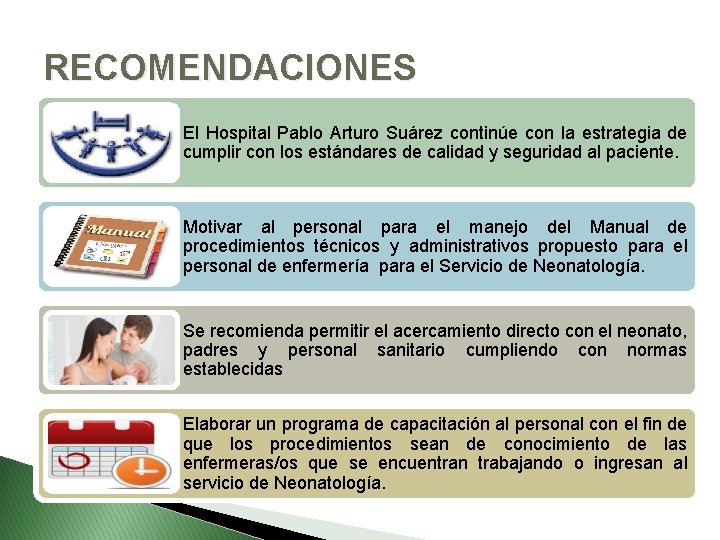 RECOMENDACIONES El Hospital Pablo Arturo Suárez continúe con la estrategia de cumplir con los