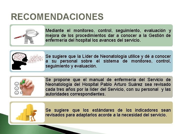 RECOMENDACIONES Mediante el monitoreo, control, seguimiento, evaluación y mejora de los procedimientos dar a