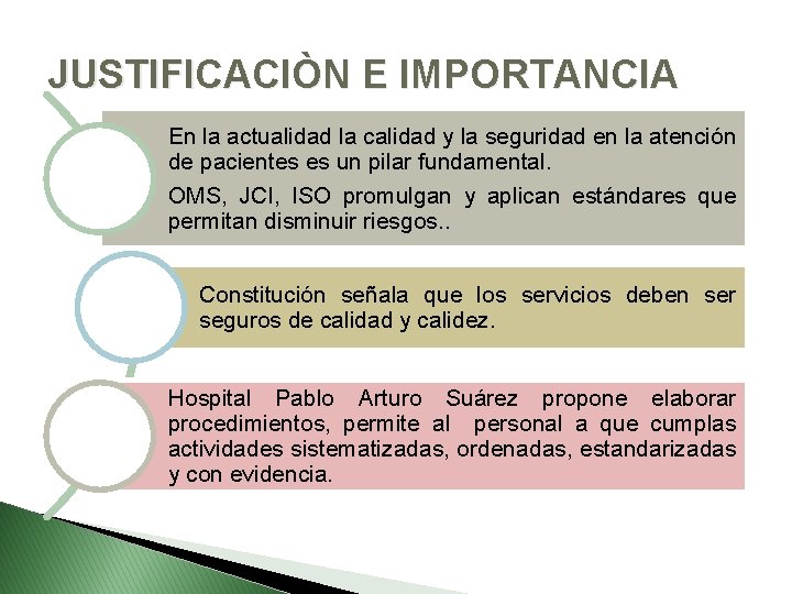 JUSTIFICACIÒN E IMPORTANCIA En la actualidad la calidad y la seguridad en la atención