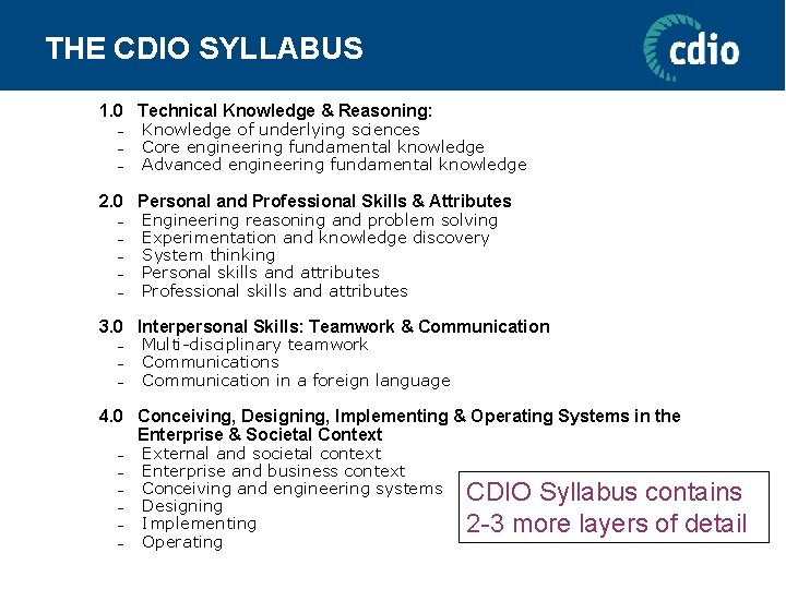 THE CDIO SYLLABUS 1. 0 Technical Knowledge & Reasoning: - Knowledge of underlying sciences