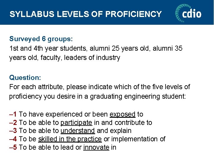 SYLLABUS LEVELS OF PROFICIENCY Surveyed 6 groups: 1 st and 4 th year students,