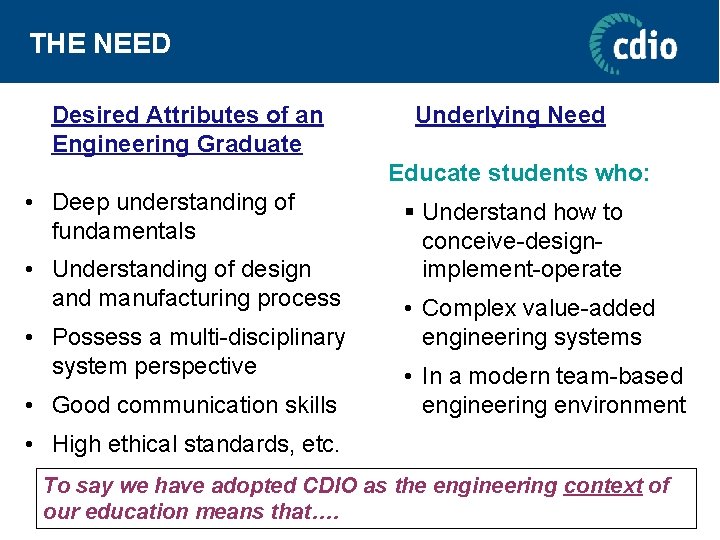 THE NEED Desired Attributes of an Engineering Graduate Underlying Need Educate students who: •