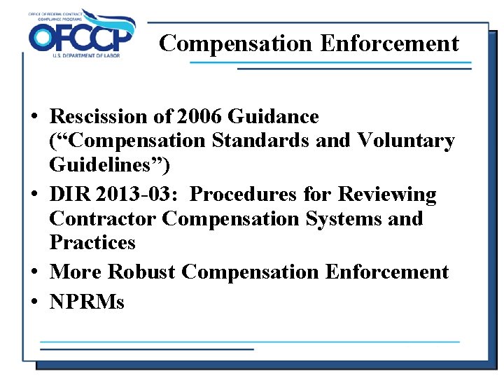 Compensation Enforcement • Rescission of 2006 Guidance (“Compensation Standards and Voluntary Guidelines”) • DIR