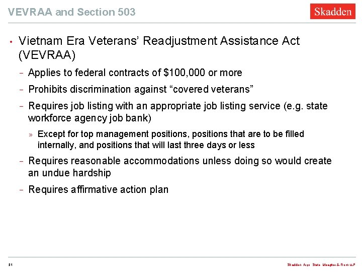 VEVRAA and Section 503 • Vietnam Era Veterans’ Readjustment Assistance Act (VEVRAA) − Applies