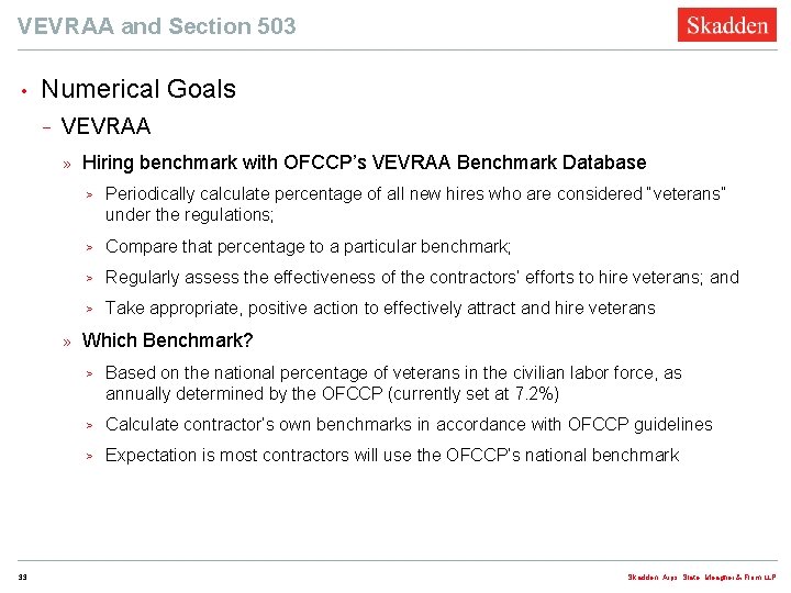 VEVRAA and Section 503 • Numerical Goals − VEVRAA » » 33 Hiring benchmark