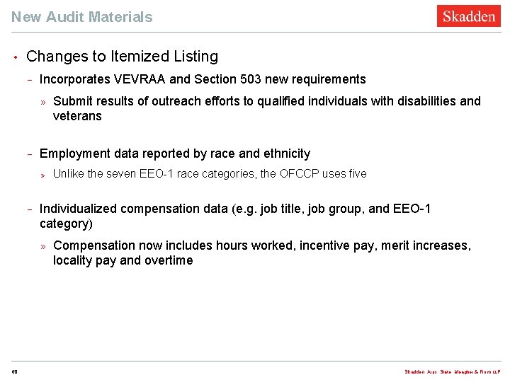 New Audit Materials • Changes to Itemized Listing − Incorporates VEVRAA and Section 503