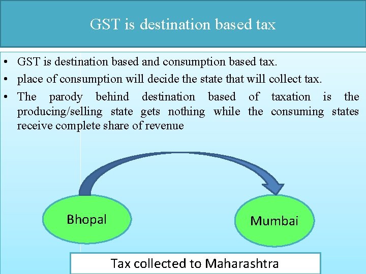 GST is destination based tax • GST is destination based and consumption based tax.