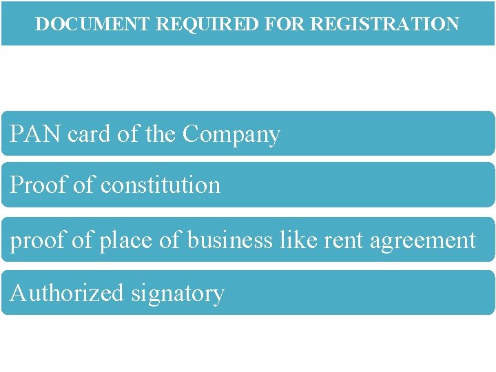 DOCUMENT REQUIRED FOR REGISTRATION PAN card of the Company Proof of constitution proof of