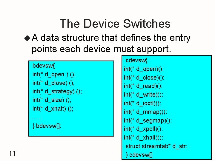 The Device Switches u. A data structure that defines the entry points each device