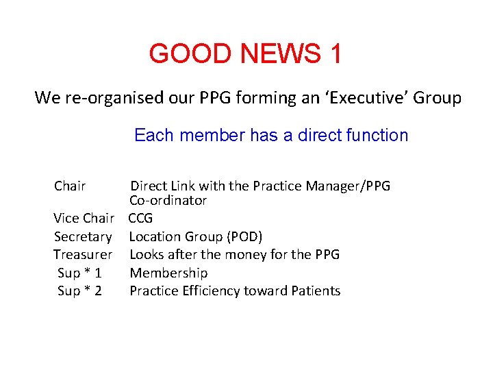 GOOD NEWS 1 We re-organised our PPG forming an ‘Executive’ Group Each member has