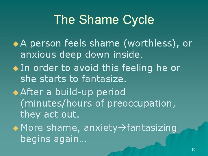 The Shame Cycle u A person feels shame (worthless), or anxious deep down inside.