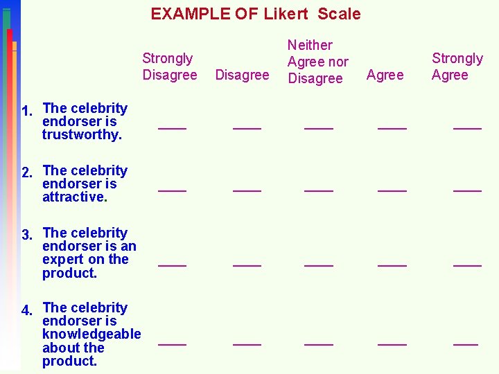 EXAMPLE OF Likert Scale Strongly Disagree 1. The celebrity endorser is trustworthy. 2. The