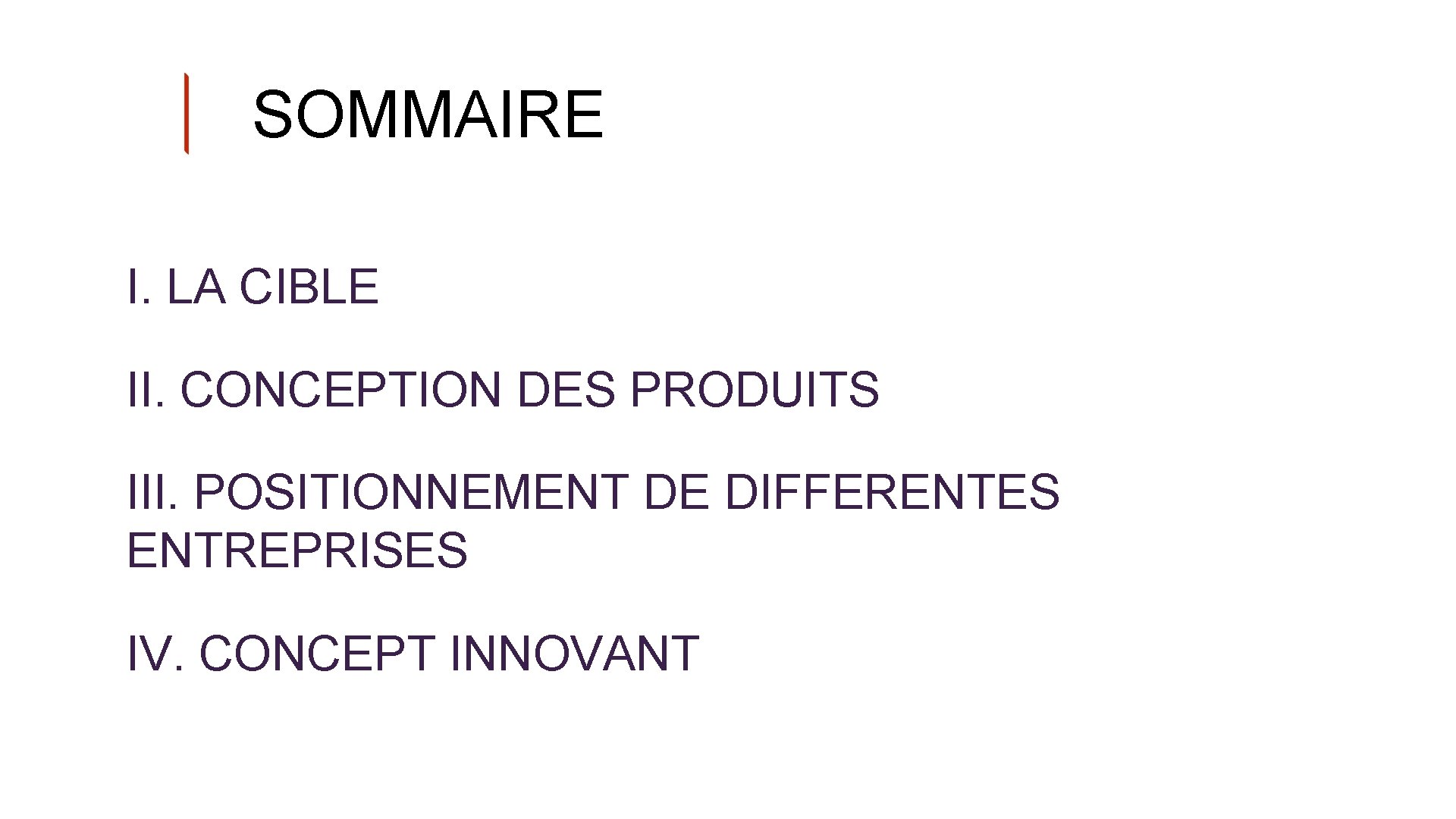 SOMMAIRE I. LA CIBLE II. CONCEPTION DES PRODUITS III. POSITIONNEMENT DE DIFFERENTES ENTREPRISES IV.